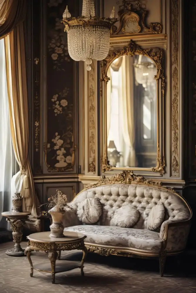 Meuble ancien laqué et miroir dans un intérieur classique