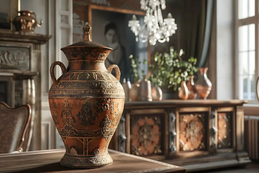 Vase ancien en cuivre ciselé sur une console