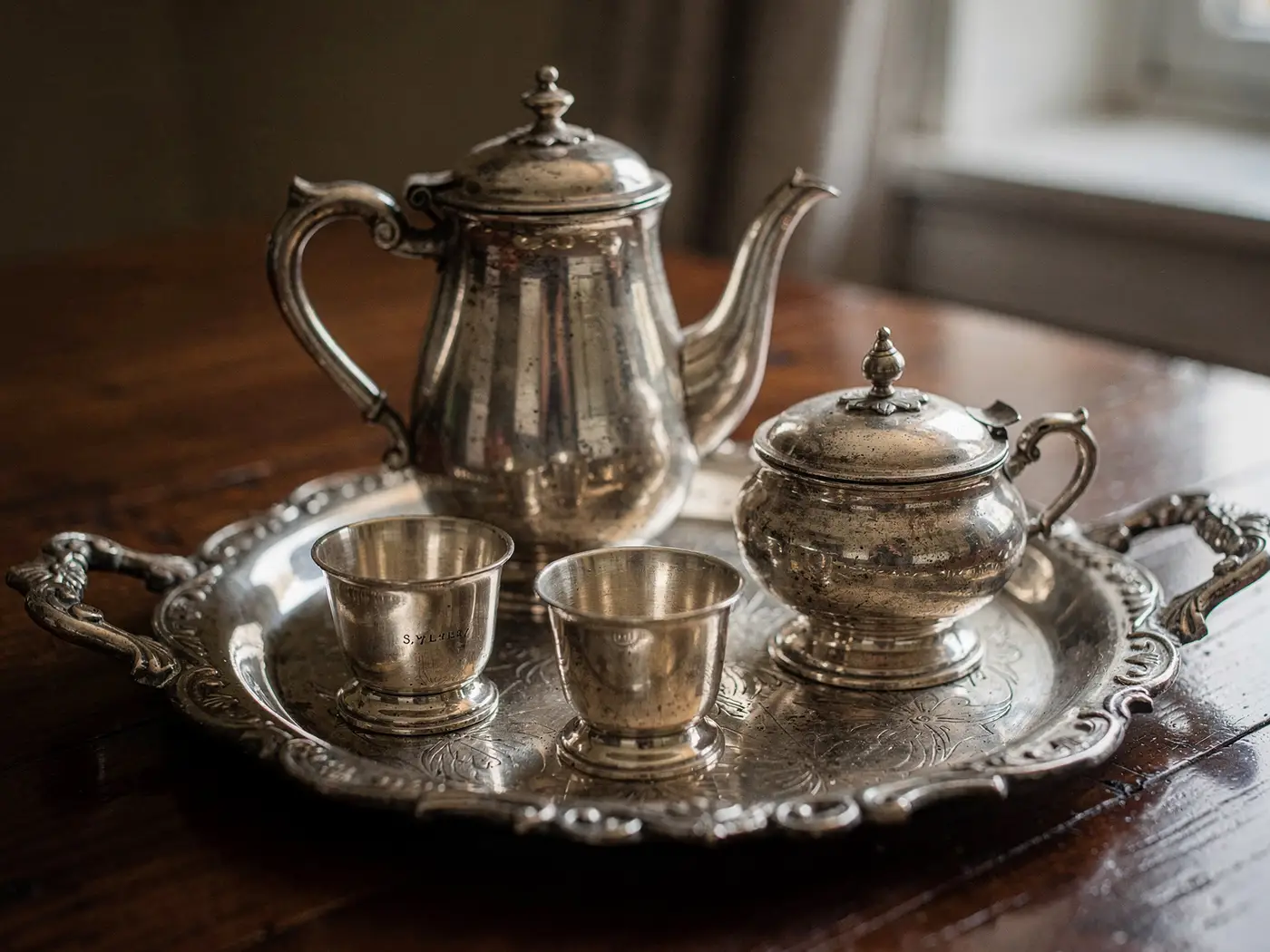 Cafetière, sucrier et timbales en argent sur un plateau ciselé