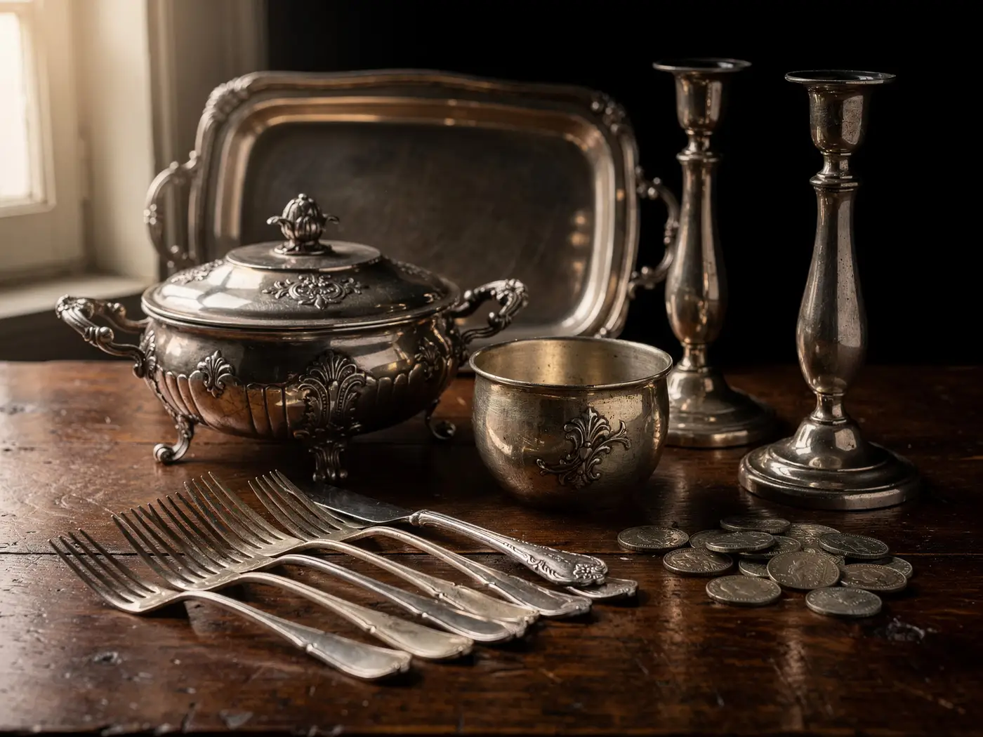 Légumier, chandeliers, plateau, couverts et pièces en argent