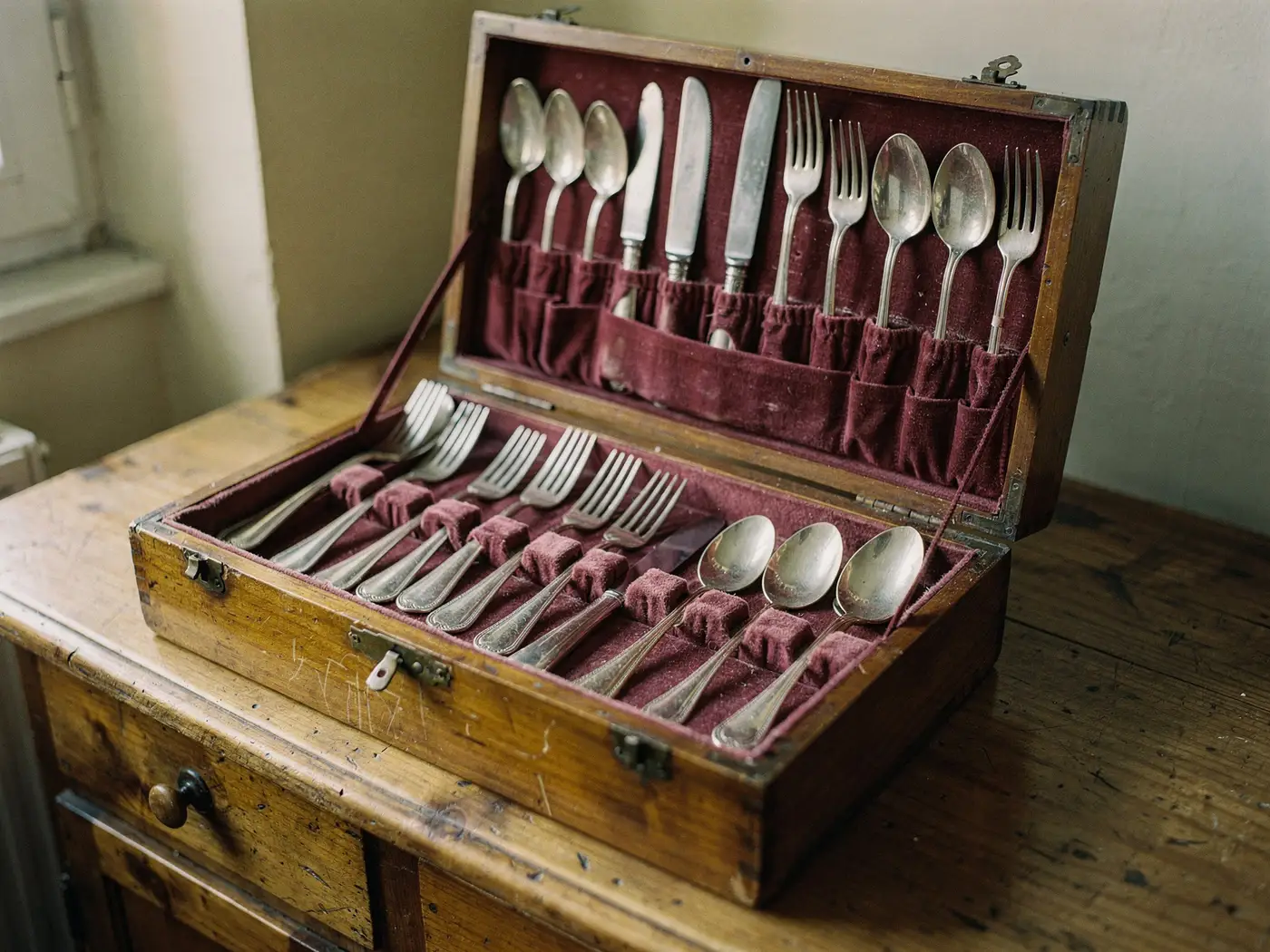 Ménagère ancienne en argent dans son coffret en bois doublé de velours