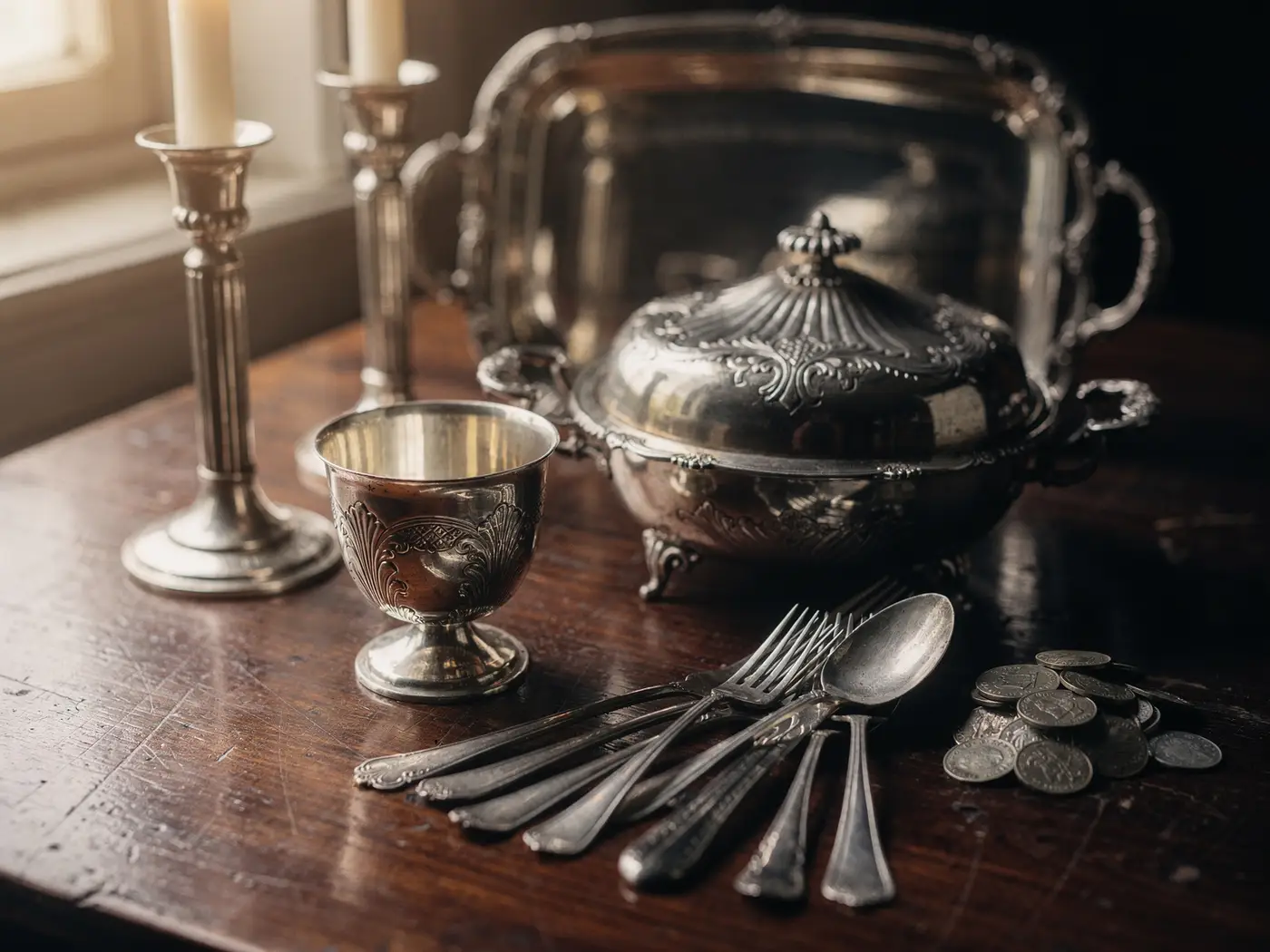 Argenterie ancienne : timbale, légumier, chandeliers, couverts et pièces en argent sur une table en bois